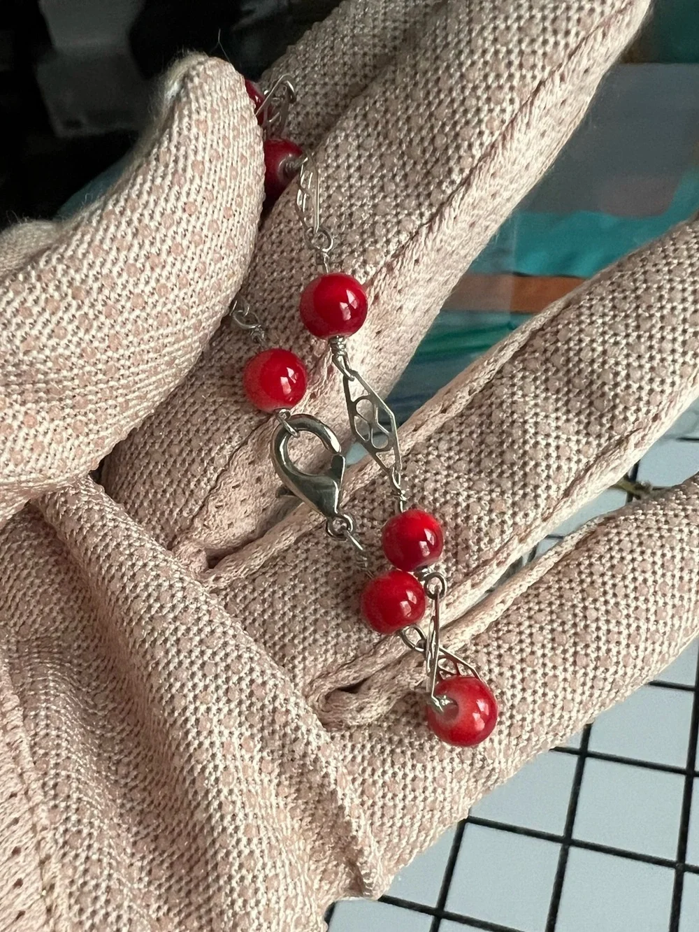 Vintage Red Beaded Silver Tone Link Chain Bracelet Bohemian Chic